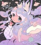  1girl animal_ears cake cat_ears food from_behind hand_up heart heart_in_eye highres long_hair long_sleeves looking_at_viewer looking_back maiandkoh night night_sky original purple_hair shirt sky star_(sky) star_(symbol) symbol_in_eye tongue tongue_out very_long_hair vhs_artifacts white_hair white_shirt 