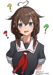  1girl @_@ absurdres ahoge black_serafuku blue_eyes braid brown_hair commentary_request confused cropped_torso drooling hair_flaps hair_ornament hair_over_shoulder heart heart_ahoge highres kantai_collection looking_at_viewer neckerchief red_neckerchief sailor_collar school_uniform serafuku shigure_(kancolle) shigure_kai_ni_(kancolle) shigure_kai_san_(kancolle) simple_background single_braid solo umibudou upper_body white_background white_sailor_collar 