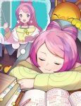  1girl :t blanket book closed_eyes closed_mouth commentary_request eyelashes highres hypno indoors katwo long_hair long_sleeves miriam_(pokemon) pen pincurchin pink_hair pokemon pokemon_(creature) pokemon_(game) pokemon_sv sleeping sweater thought_bubble yellow_sweater 