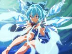  1girl blue_background blue_bow blue_dress blue_eyes blue_hair bow bowtie cirno commentary detached_wings dress gyouza_(mhea5724) hair_bow highres ice ice_wings looking_at_viewer open_mouth red_bow red_bowtie short_hair short_sleeves solo touhou wings 