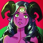  blurry blurry_background blurry_foreground colored_skin depth_of_field green_eyes green_hair green_skin hat highres horns long_hair looking_at_viewer pink_background pointy_ears red_background solo third_eye 