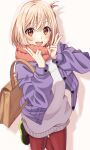  1girl :d absurdres bag blonde_hair blush double_v highres jacket looking_at_viewer lycoris_recoil nishikigi_chisato ojyomu open_mouth purple_jacket red_scarf scarf shirt short_hair smile solo standing standing_on_one_leg teeth upper_teeth_only v white_shirt 