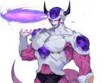 1boy akame_(chokydaum) black_lips black_nails collarbone dragon_ball dragon_ball_z energy_disk evil_smile fingernails frieza highres horns large_pectorals looking_at_viewer muscular muscular_male open_mouth pectorals red_eyes sharp_fingernails simple_background smile solo tail white_background 