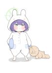  1girl alternate_costume animal_costume barefoot blue_archive blunt_bangs chibi commentary_request doll dual_wielding full_body green_eyes hair_between_eyes halo highres holding holding_doll holding_pillow long_sleeves looking_at_viewer pillow puffy_cheeks purple_hair rabbit_costume saki_(blue_archive) short_hair sidelocks simple_background solo standing stuffed_animal stuffed_rabbit stuffed_toy toes white_background yosik 