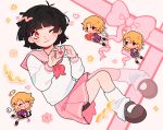  2girls artist_name black_hair blonde_hair blush bow bow_(weapon) chibi closed_eyes closed_mouth commentary detached_wings english_commentary full_body genderswap genderswap_(mtf) halo hanazawa_teruki heart heart_hands highres holding holding_bow_(weapon) holding_heart holding_weapon kageyama_shigeo kaogens long_sleeves looking_at_viewer mob_psycho_100 multiple_girls neckerchief one_eye_closed open_mouth pink_neckerchief pink_sailor_collar pink_skirt pleated_skirt red_eyes sailor_collar school_uniform serafuku shirt shoes short_hair shorts shorts_under_skirt simple_background skirt smile socks valentine weapon white_background white_shirt white_socks wings 
