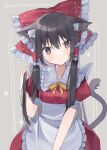  1girl alternate_costume animal_ears apron black_hair blush bow brown_eyes cat_ears cat_tail closed_mouth dress enmaided frilled_apron frills hair_between_eyes hair_bow hakurei_reimu head_tilt highres long_hair maid maid_apron momomaron puffy_short_sleeves puffy_sleeves red_bow red_dress short_sleeves solo tail touhou twitter_username waist_apron white_apron 