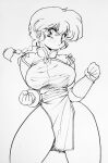  1girl breasts chinese_clothes clenched_hands greyscale looking_at_viewer monochrome ponytail ranma-chan ranma_1/2 short_hair sunshinek 
