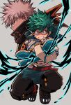 2boys alternate_eye_color alternate_hair_color aqua_bodysuit bakugou_katsuki belt belt_pouch black_whip_(boku_no_hero_academia) blue_gloves boku_no_hero_academia bright_pupils chiyaya clenched_teeth cropped_torso electricity energy flick floating_clothes floating_hair foreshortening freckles full_body gloves green_eyes green_hair grey_background hair_between_eyes hands_up headgear high_collar highres knees_up legs_up light_brown_hair looking_at_viewer male_focus midair midoriya_izuku multiple_boys orange_eyes outstretched_arms pac-man_eyes pouch profile projected_inset red_belt serious shaded_face short_hair simple_background snap-fit_buckle spiky_hair sweat teeth v-shaped_eyebrows white_gloves white_pupils 