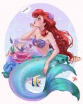  1girl air_bubble ariel_(disney) bare_shoulders breasts bubble butterflyfish clownfish coral fish flower fork full_body hair_flower hair_ornament highres long_hair looking_to_the_side luztapiaart medium_breasts mermaid monster_girl profile purple_flower red_lips redhead shell shell_bikini the_little_mermaid tropical_fish underwater 
