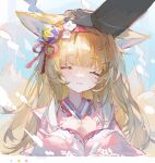  1girl 1other animal_ears arknights blonde_hair clenched_hand closed_eyes doctor_(arknights) fox_ears fox_girl fox_tail gloves headpat japanese_clothes kimono long_sleeves nonhaaa open_mouth smile suzuran_(arknights) tail 