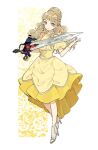  blonde_hair clothing_cutout commentary dress earrings full_body gloves highres himeno_ran holding holding_sword holding_weapon jewelry kurodeko ohsama_sentai_king-ohger shoulder_cutout smile super_sentai sword weapon white_footwear white_gloves yellow_dress yellow_eyes 