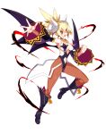  1girl backless_leotard black_footwear black_leotard black_wings blonde_hair boots breasts bright_pupils brown_pantyhose choker clenched_hand clothing_cutout curled_horns demon_girl demon_horns demon_wings detached_sleeves disgaea disgaea_rpg earrings fang full_body hair_between_eyes half_updo highres horns jewelry la_pucelle large_breasts leotard long_hair maou_prier navel navel_cutout non-web_source official_art open_mouth outstretched_arm pantyhose photoshop_(medium) pointy_ears prier red_eyes rozalin seamed_legwear slit_pupils solo strapless strapless_leotard transparent_background wide_sleeves wings 