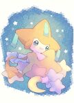  :3 blue_eyes closed_mouth commentary crescent crescent_moon highres hug jirachi looking_ahead moon no_humans pokemon remon_(920moomin) scarf sky solo star_(sky) star_(symbol) star_pillow starry_sky symbol-only_commentary yellow_scarf 