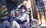 1boy 3000x4500 black_nails cup earrings highres holding holding_cup indie_virtual_youtuber jewelry long_sleeves looking_to_the_side male_focus merry_christmas pillow pom_pom_(clothes) purple_hair short_hair shoto_(vtuber) single_earring sitting snow_globe sweater violet_eyes virtual_youtuber white_sweater 