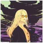  1boy beach black_background black_jacket blonde_hair cigarette clouds fate/grand_order fate_(series) jacket jewelry long_hair looking_at_viewer male_focus medallion necklace nobicco open_clothes open_jacket orange-tinted_eyewear shirt smoking solo sunglasses tezcatlipoca_(fate) tinted_eyewear white_shirt 