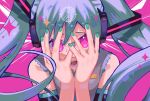  1girl alternate_eye_color aqua_hair black_sleeves detached_sleeves green_nails grey_shirt hands_up hatsune_miku long_hair looking_at_viewer open_mouth purple_background shadow shirt sleeveless sleeveless_shirt solo sweat twintails violet_eyes vocaloid yooki_(winter_cakes) 