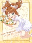  1girl ;d absurdres blush bouquet brown_hair bug butterfly character_name dot_nose dress earrings floral_background flower frilled_dress frills gradient_background green_eyes grid_background hair_ribbon happy_birthday highres holding holding_bouquet idolmaster idolmaster_(classic) idolmaster_million_live! idolmaster_million_live!_theater_days jewelry lace_trim long_hair looking_at_viewer necklace one_eye_closed open_mouth orange_flower orange_ribbon ribbon round_teeth shiro_(ongrokm) short_sleeves smile solo takatsuki_yayoi teeth thighs tulip twintails white_dress white_flower white_ribbon yellow_background 