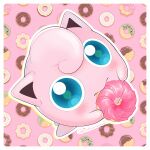  blush border commentary_request doughnut eating food food-themed_background holding holding_food jigglypuff kishimoto_aya looking_at_viewer mouth_hold no_humans outline pink_background pokemon pokemon_(creature) signature solo white_border 
