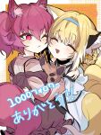  2girls animal_ear_fluff animal_ears arknights artist_name bare_shoulders blonde_hair blush braid closed_eyes closed_mouth commentary_request cowboy_shot dress earpiece fox_ears fox_girl fox_tail hair_between_eyes highres holding holding_stuffed_toy hug medium_hair milestone_celebration morte_(arknights) multicolored_hair multiple_girls multiple_tails one_eye_closed oripathy_lesion_(arknights) purple_dress shamare_(arknights) short_hair soramaru_310 stuffed_toy suzuran_(arknights) tail triangle_mouth two-tone_hair violet_eyes white_dress white_hair 