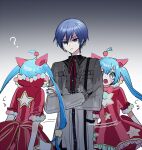  25-ji_kaito 25-ji_nightcord_de._(project_sekai) ? animal_ears annoyed blue_hair cat_ears cat_girl closed_mouth confused crossed_arms dark_blue_hair dress empty_eyes fang grey_shirt hair_ornament hatsune_miku hikarupig kaito_(vocaloid) long_sleeves open_mouth pom_pom_(clothes) pom_pom_hair_ornament project_sekai red_dress red_ribbon ribbon shaded_face shirt short_hair short_sleeves simple_background star_(symbol) star_print twintails vocaloid wonderlands_x_showtime_(project_sekai) wonderlands_x_showtime_miku 