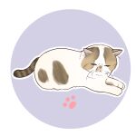  animal animal_focus cat closed_eyes facing_viewer full_body no_humans original outline paw_print paw_print_background purple_background que_meng_meng round_image two-tone_background white_background white_outline 