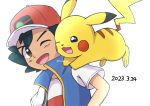  1boy ;d ash_ketchum black_hair blue_jacket brown_eyes commentary_request dated hat highres jacket male_focus one_eye_closed open_mouth pikachu pitorigoto pokemon pokemon_(anime) pokemon_(creature) pokemon_journeys red_headwear shirt short_hair short_sleeves simple_background sleeveless sleeveless_jacket smile t-shirt white_background white_shirt 