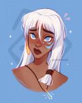  1girl atlantis:_the_lost_empire blue_background blue_eyes brown_lips dark-skinned_female dark_skin earrings facial_tattoo highres jewelry kidagakash long_hair looking_at_viewer luztapiaart necklace single_earring tattoo white_hair 