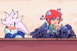  1boy 1girl aged_down blue_eyes blue_jacket cheek_rest feather_hair_ornament feathers hair_ornament hand_on_own_cheek hand_on_own_face happy highres interview jacket looking_away meme princess_elise_the_third redhead short_hair silver_the_hedgehog sonic_(series) sonic_the_hedgehog_(2006) stellarspin sweatdrop white_fur yellow_eyes 