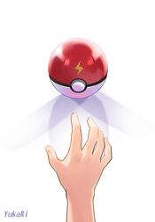  1other artist_name capsule commentary_request fingernails highres lightning_bolt_print poke_ball pokemon pokemon_(anime) reaching shadow watermark white_background yukari_(yukari21653710) 