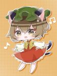  1girl animal_ears brown_eyes brown_hair cat_ears cat_girl cat_tail chen chibi dress full_body green_headwear hat highres looking_at_viewer mob_cap musical_note red_dress short_hair slowlyapple_non solo tail touhou 