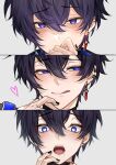  1boy black_nails blue_eyes commentary english_commentary heart heart-shaped_pupils highres indie_virtual_youtuber long_sleeves looking_at_viewer makura_wet male_focus open_mouth purple_hair short_hair shoto_(vtuber) smile sword_earrings symbol-shaped_pupils virtual_youtuber 