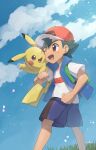  1boy ;d absurdres ash_ketchum backpack bag brown_eyes clenched_hands clouds commentary_request day grass green_bag hat highres jacket male_focus nullma one_eye_closed open_clothes open_jacket open_mouth outdoors pikachu pokemon pokemon_(anime) pokemon_journeys red_headwear shirt short_hair short_sleeves shorts sky sleeveless sleeveless_jacket smile standing t-shirt tongue white_shirt 