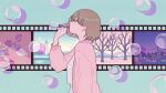  1girl blue_eyes brown_hair bubble bubble_blowing cardigan cityscape dress film_reel flower highres long_sleeves mountain original paper pink_cardigan profile purple_flower shadow shi_oo short_hair solo tower tree upper_body white_dress 