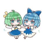  2girls ascot blue_dress blue_eyes blue_hair blue_ribbon blush chibi cirno daiyousei dress fairy_wings full_body green_hair holding_hands looking_at_viewer multiple_girls red_ascot ribbon simple_background slowlyapple_non touhou white_background wings yellow_ascot 