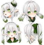  +_+ 1girl :d :o alternate_hairstyle bow cropped_shoulders dot_mouth double_bun from_side genshin_impact gotoh510 gradient_hair green_eyes green_hair green_ribbon hair_bow hair_bun hair_ribbon high_ponytail highres long_hair looking_at_viewer low_twintails multicolored_hair multiple_views nahida_(genshin_impact) pointy_ears ribbon signature simple_background smile straight-on sweat twintails two_side_up white_background 