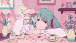  1girl aqua_hair blue_eyes cup flower hair_ribbon hatsune_miku highres long_hair long_sleeves parted_lips pink_flower pink_tulip plate red_nails red_ribbon ribbon shelf shi_oo shirt solo sugar_cube table teacup teapot tulip twintails vocaloid white_shirt 