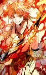 1boy absurdres ali_baba_saluja armlet bare_shoulders choker djinn_equip earrings fiery_hair fire flaming_sword flaming_weapon gold_choker gold_earrings highres holding holding_sword holding_weapon hoop_earrings jewelry looking_at_viewer magi_the_labyrinth_of_magic male_focus necklace open_mouth orange_eyes orange_hair patterned_clothing patterned_hair smile solo sword third_eye toned toned_male weapon yadu_nadu 