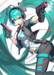  1girl :d absurdres aqua_hair black_pants breasts dual_wielding floating_hair from_side green_eyes grey_jacket gun hair_between_eyes hatsune_miku headset highres holding holding_gun holding_weapon jacket long_hair looking_at_viewer medium_breasts microphone midriff navel nushibautiful open_clothes open_jacket open_mouth pants shirt short_sleeves smile solo stomach twintails very_long_hair vocaloid weapon white_background white_shirt 