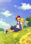  1boy :d absurdres arm_support ash_ketchum backpack backpack_removed bag black_hair blue_jacket clouds commentary_request dated day flower grass green_bag hat highres jacket knees male_focus on_shoulder open_mouth outdoors pikachu pokemon pokemon_(anime) pokemon_(creature) pokemon_journeys pokemon_on_shoulder red_headwear shirt shoes short_hair short_sleeves shorts sitting sky sleeveless sleeveless_jacket smile t-shirt teeth upper_teeth_only white_shirt yellow_flower yoi_(207342) 