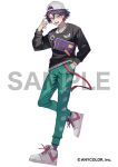  1boy :d backwards_hat baseball_cap black_sweater bracelet chain_necklace colored_inner_hair copyright drawstring fanny_pack full_body green_pants hair_between_eyes hand_in_pocket hand_up hat jewelry long_sleeves looking_at_viewer male_focus multicolored_hair necklace nijisanji official_art pants pink_hair purple_hair purple_socks ring sakusya2honda sample_watermark shirt shoes short_hair simple_background smile sneakers socks solo standing standing_on_one_leg sweater sweatpants teeth v-shaped_eyebrows virtual_youtuber watarai_hibari white_background white_footwear white_headwear white_shirt yellow_eyes 