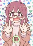  1girl blush commentary_request dot_nose finger_counting flying_sweatdrops glasses hair_between_eyes jacket long_hair long_sleeves murosaki_miyo nekotoufu official_art onii-chan_wa_oshimai! open_hands open_mouth semi-rimless_eyewear simple_background solo spoken_number under-rim_eyewear violet_eyes wavy_mouth 