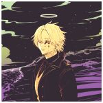  1boy beach black_background black_coat black_eyes blonde_hair clouds coat daybit_sem_void fate/grand_order fate_(series) halo jacket looking_at_viewer male_focus nobicco open_clothes open_jacket shirt short_hair teardrop trench_coat white_shirt 