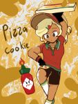  angry black_gloves cheese fire food gloves hair_ornament hairclip hot_sauce kneehighs non-web_source pizza pizza_box pizza_cookie pizza_delivery red_shirt shirt short_shorts shorts simple_background socks zyrobot 