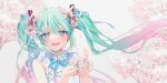  1girl :d absurdres blue_eyes blue_nails blue_ribbon cherry_blossoms floating_hair flower gradient_hair green_hair hair_between_eyes hair_flower hair_ornament hatsune_miku highres long_hair looking_at_viewer miku_day moro_(from_m0r0) multicolored_hair nail_polish neck_ribbon open_mouth pink_flower pink_hair ribbon shirt sleeveless sleeveless_shirt smile solo spring_(season) twintails upper_body very_long_hair vocaloid white_shirt 