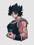  1boy angry armor black_hair broly_(dragon_ball_super) clenched_hand clenched_teeth constricted_pupils dragon_ball dragon_ball_super kemachiku looking_at_viewer male_focus muscular muscular_male scar scar_on_arm scar_on_cheek scar_on_face solo teeth upper_body 
