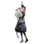  1girl black_dress black_footwear black_hairband black_pantyhose blue_eyes dress epaulettes euphonium expressionless full_body girls_frontline hair_between_eyes hairband hat hat_feather high_heels highres holding holding_instrument instrument long_hair long_sleeves looking_at_viewer marching_band multicolored_hair nunuan official_alternate_costume official_art pantyhose shako_cap simple_background solo st_ar-15_(breeze_on_a_spring_day)_(girls&#039;_frontline) st_ar-15_(girls&#039;_frontline) standing streaked_hair transparent_background 