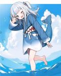  1girl ;d animal_costume barefoot blue_eyes blue_hair blue_hoodie blue_nails blue_sky bubble clouds commentary cumulonimbus_cloud day drawstring feet fingernails fins fish_tail gawr_gura grey_hair hair_ornament hand_up highres hololive hololive_english hood hoodie light_blush long_sleeves looking_at_viewer luckyeldayo medium_hair multicolored_hair nail_polish one_eye_closed one_side_up outdoors shark_costume shark_girl shark_hair_ornament shark_print shark_tail sharp_teeth sky smile solo standing standing_on_one_leg streaked_hair tail teeth toenail_polish toenails toes upper_teeth_only virtual_youtuber wading water wide_sleeves 