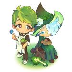  2boys apron aqua_eyes blue_hair brown_eyes colored_eyelashes cookie_run dress flower flower_pot green_dress green_hair green_headwear hat hat_flower herb_cookie humanization light_blue_hair long_sleeves male_focus multiple_boys myunazzang plant potted_plant short_hair white_apron witch_hat 