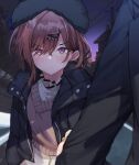  1girl absurdres beret black_jacket blurry blurry_background blush brown_hair commentary_request hair_ornament hairclip hanetsuka hat highres higuchi_madoka idolmaster idolmaster_shiny_colors jacket mole mole_under_eye short_hair solo_focus sweater swept_bangs twilight upper_body violet_eyes 
