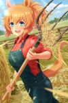  1girl alternate_costume blue_eyes blurry blurry_foreground blush breasts collared_shirt fence grass hay highres holding holding_pitchfork horse_girl horse_tail kaniyamo lens_flare looking_at_viewer open_mouth orange_hair outdoors overalls pitchfork ponytail red_shirt shirt sleeves_rolled_up small_breasts smile solo standing sweat taiki_shuttle_(umamusume) tail torn_clothes tree umamusume 